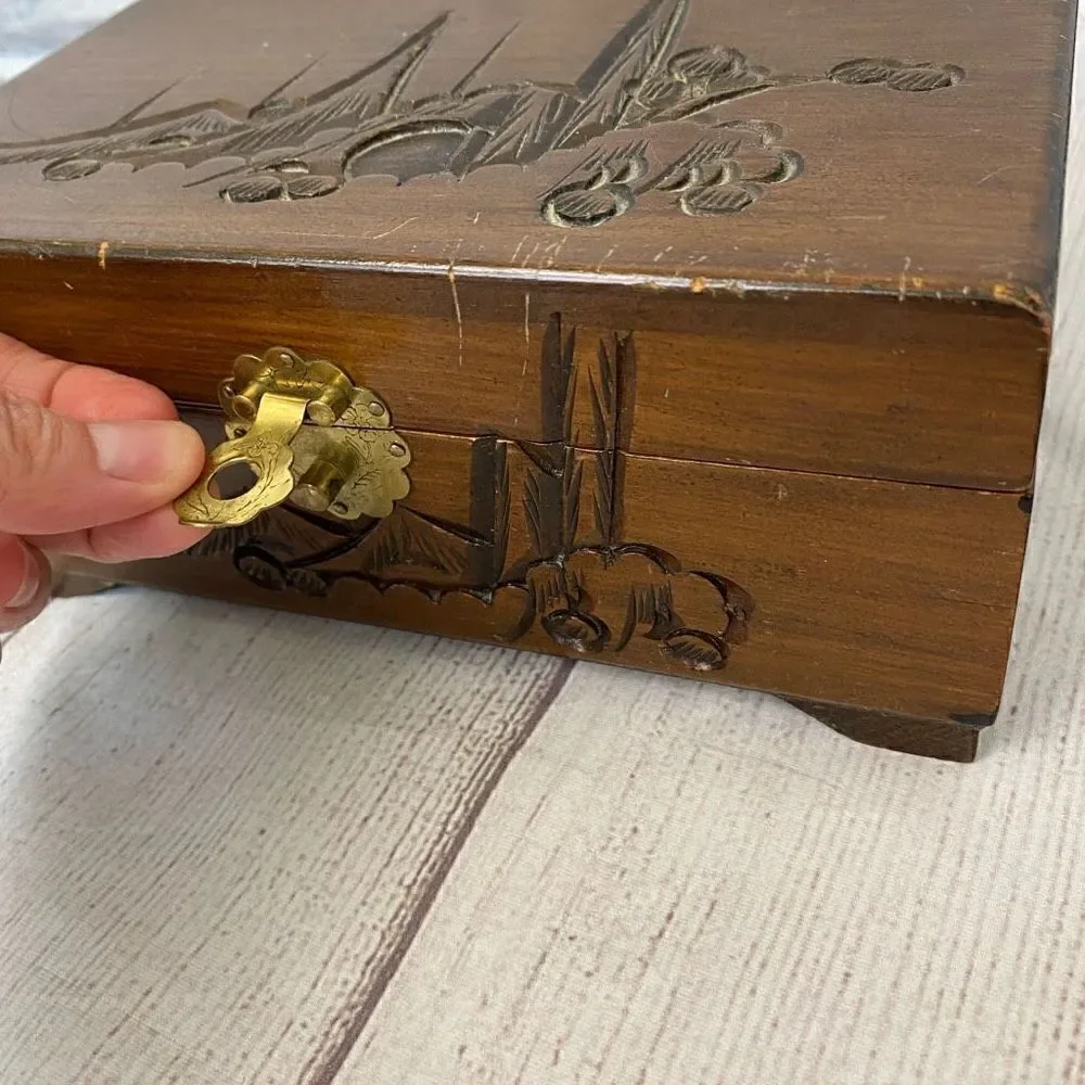 Vintage Wooden jewelry box with engraving and red velvet lining